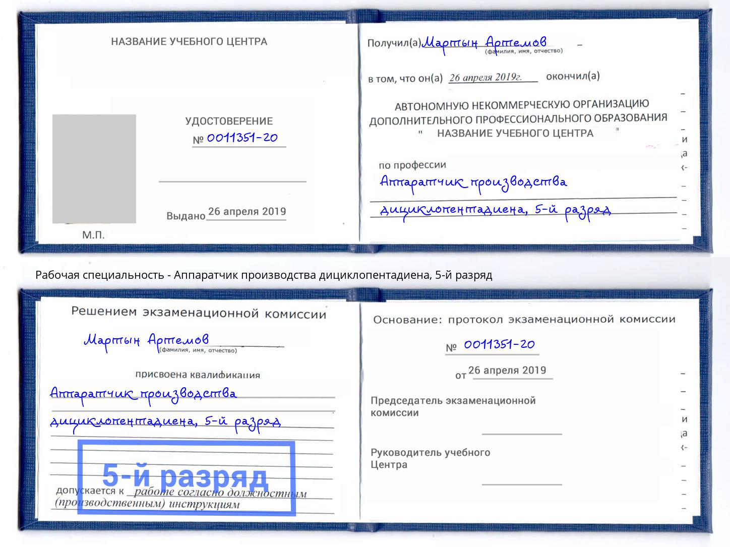 корочка 5-й разряд Аппаратчик производства дициклопентадиена Долгопрудный