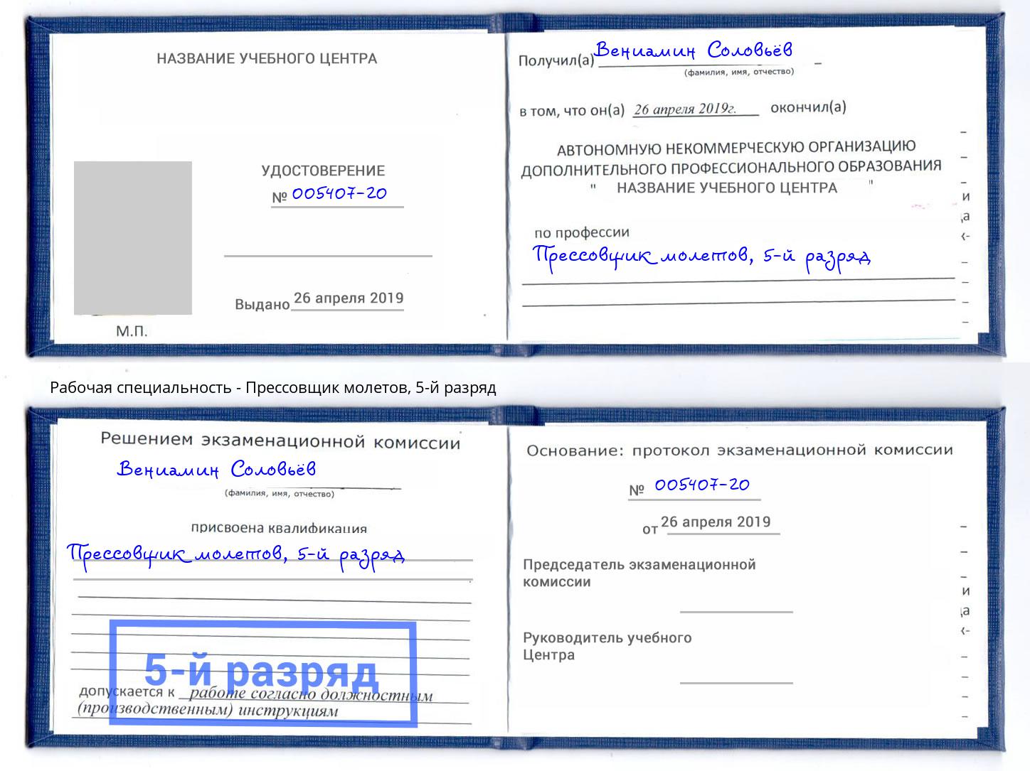 корочка 5-й разряд Прессовщик молетов Долгопрудный