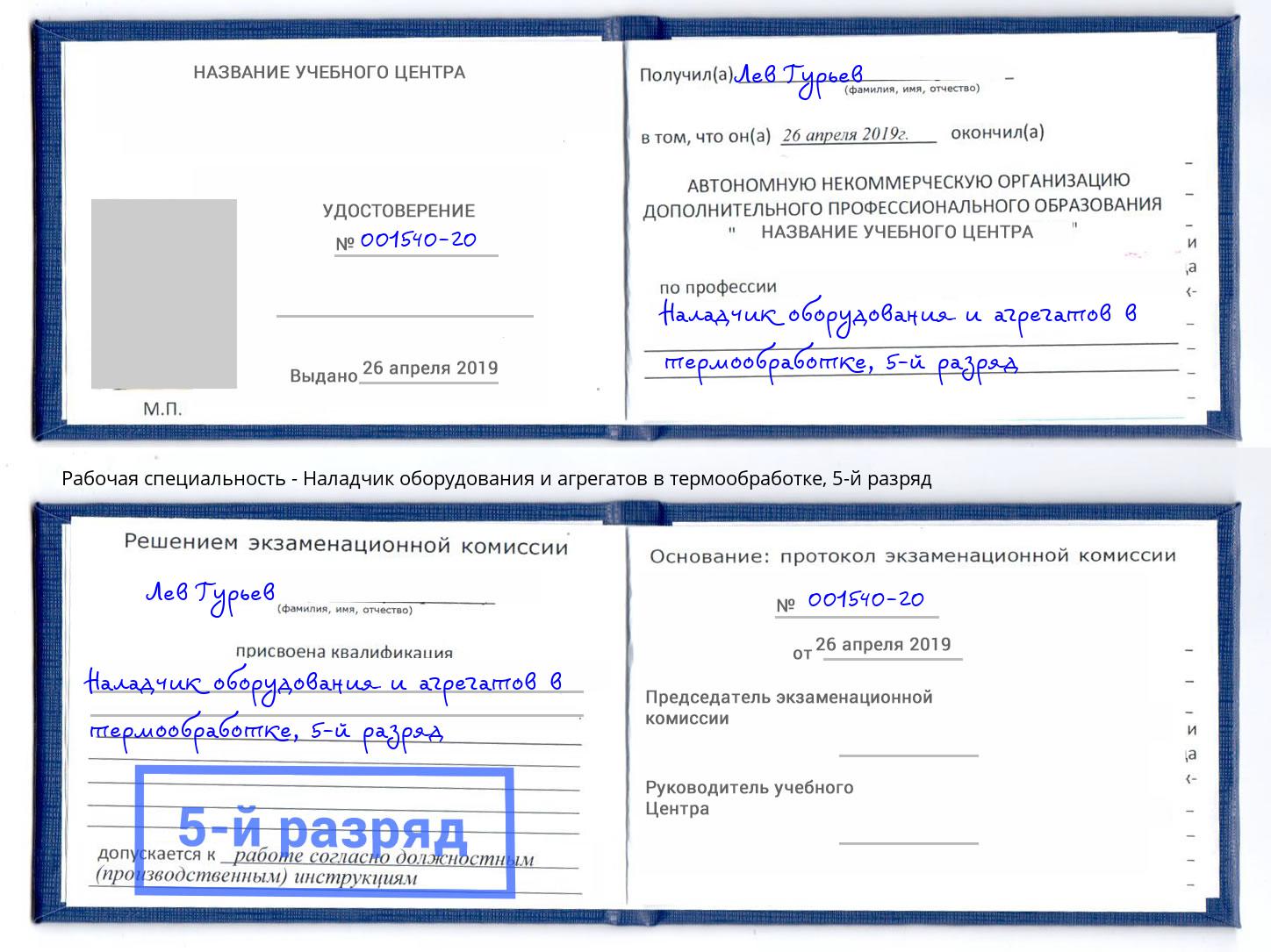 корочка 5-й разряд Наладчик оборудования и агрегатов в термообработке Долгопрудный