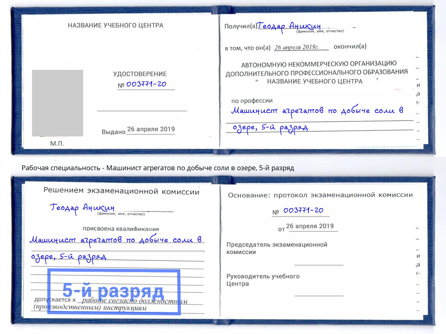 корочка 5-й разряд Машинист агрегатов по добыче соли в озере Долгопрудный