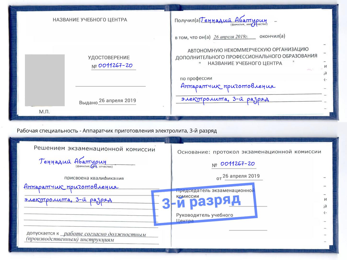 корочка 3-й разряд Аппаратчик приготовления электролита Долгопрудный