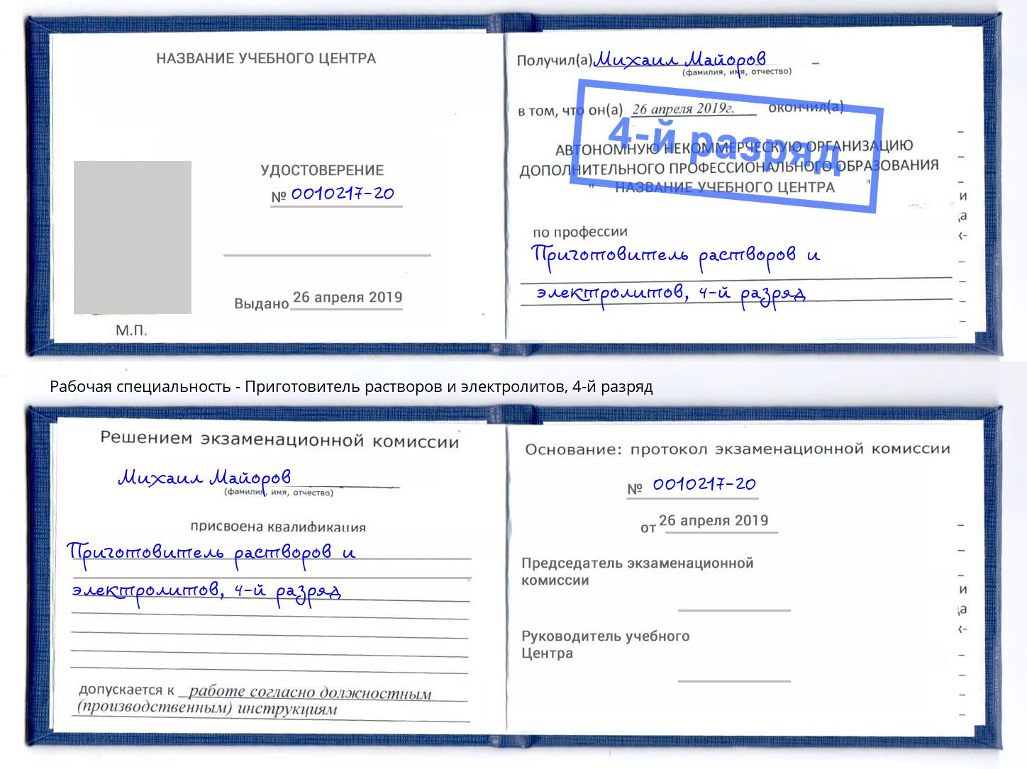 корочка 4-й разряд Приготовитель растворов и электролитов Долгопрудный
