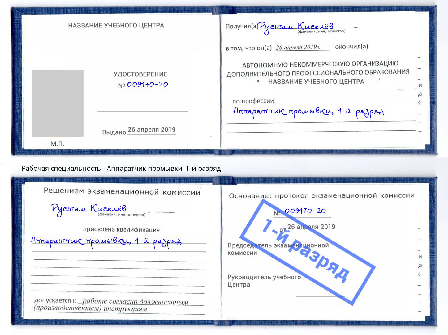 корочка 1-й разряд Аппаратчик промывки Долгопрудный