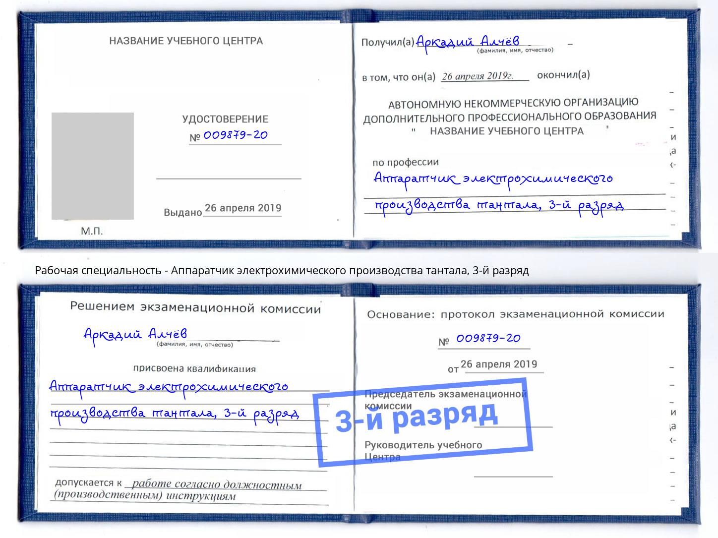 корочка 3-й разряд Аппаратчик электрохимического производства тантала Долгопрудный