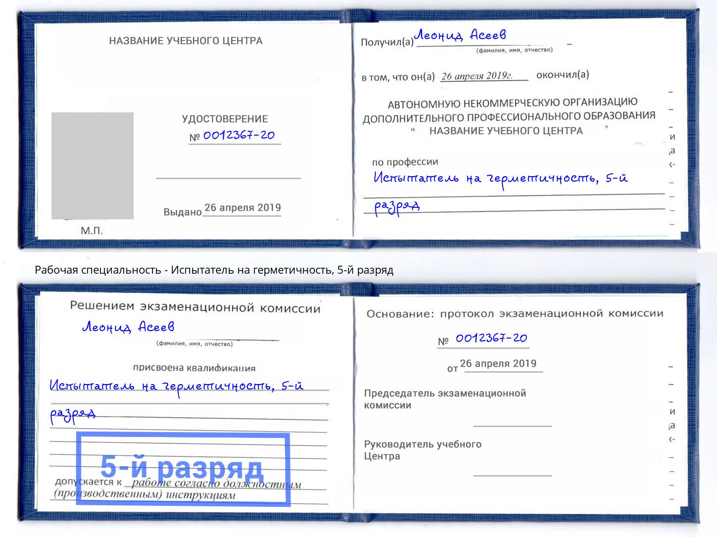 корочка 5-й разряд Испытатель на герметичность Долгопрудный