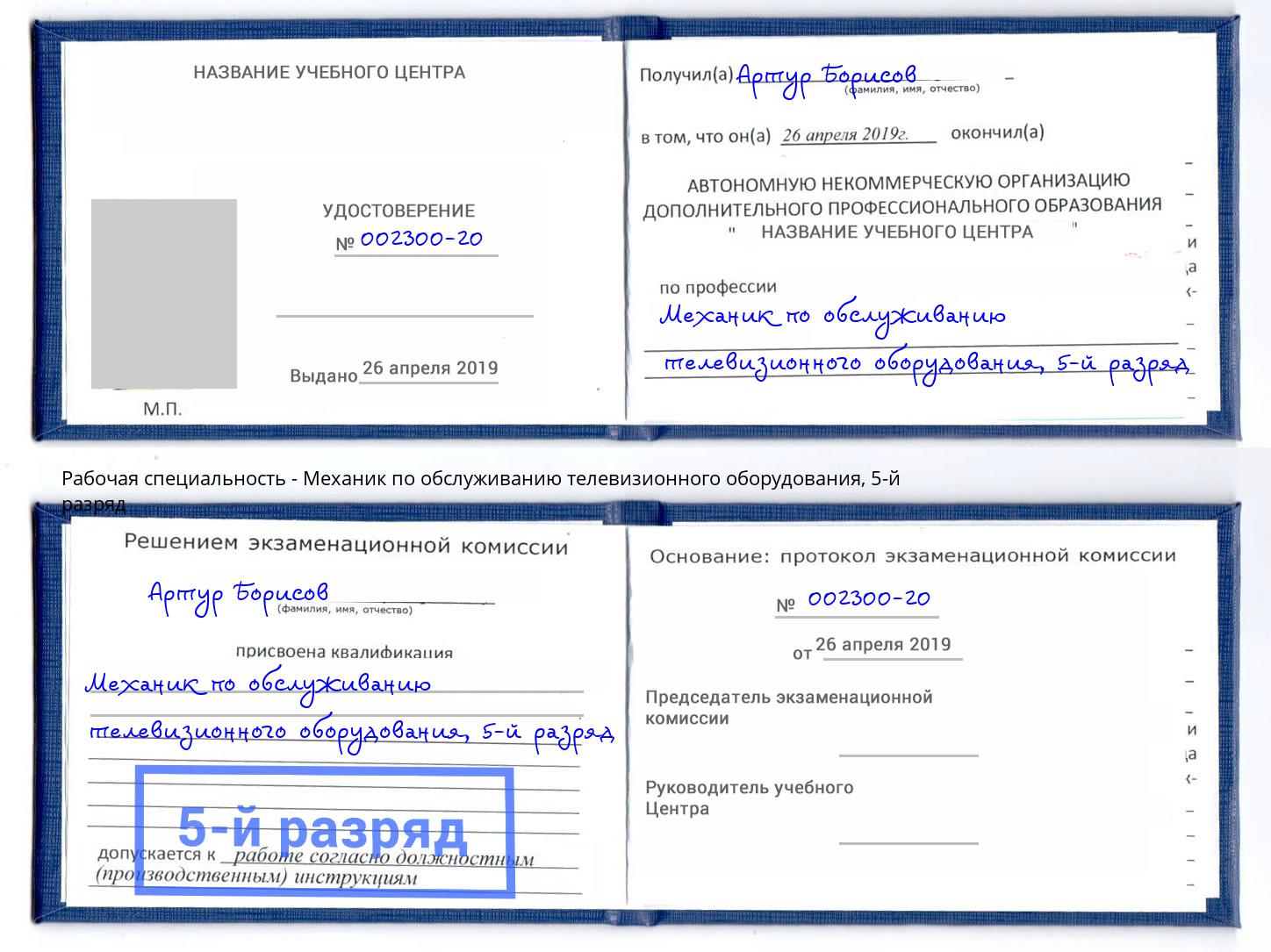 корочка 5-й разряд Механик по обслуживанию телевизионного оборудования Долгопрудный