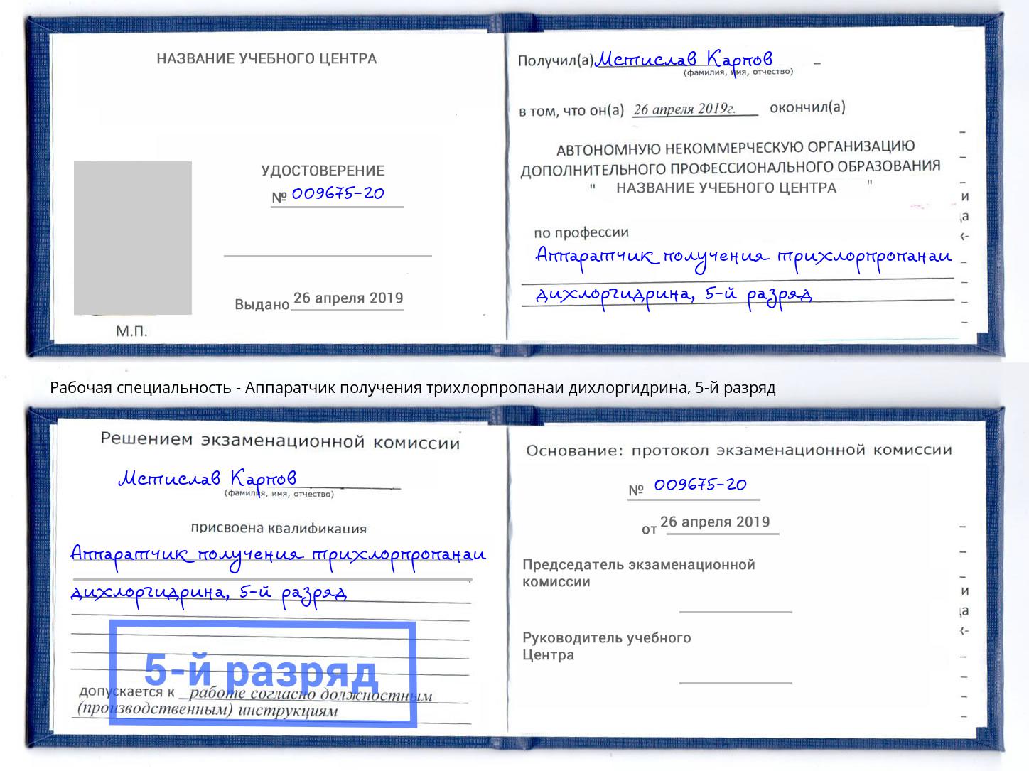 корочка 5-й разряд Аппаратчик получения трихлорпропанаи дихлоргидрина Долгопрудный